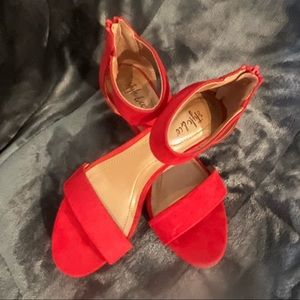 Red suede strappy kitten heels